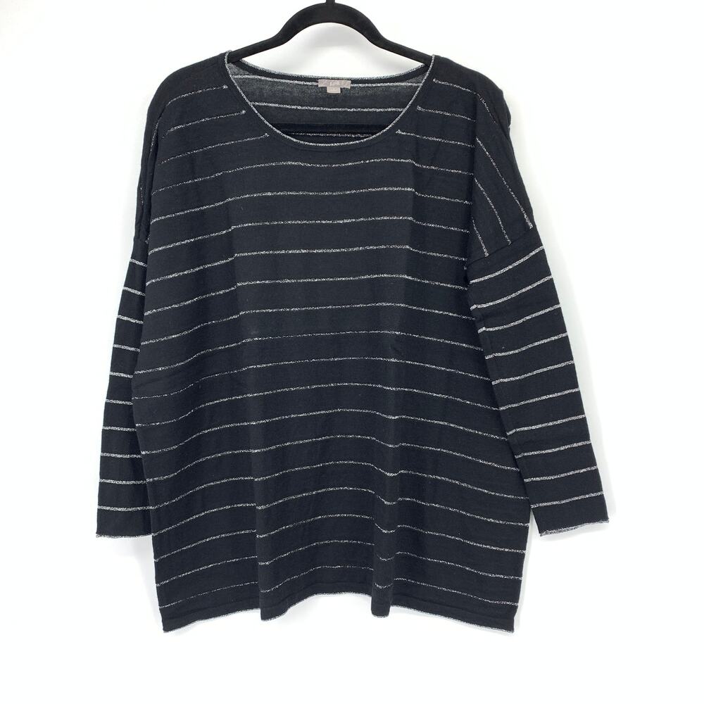 J. Jill Sweater Womens Small Black Metallic Stripe Fine Knit 3/4 Sleeve Boxy Fit